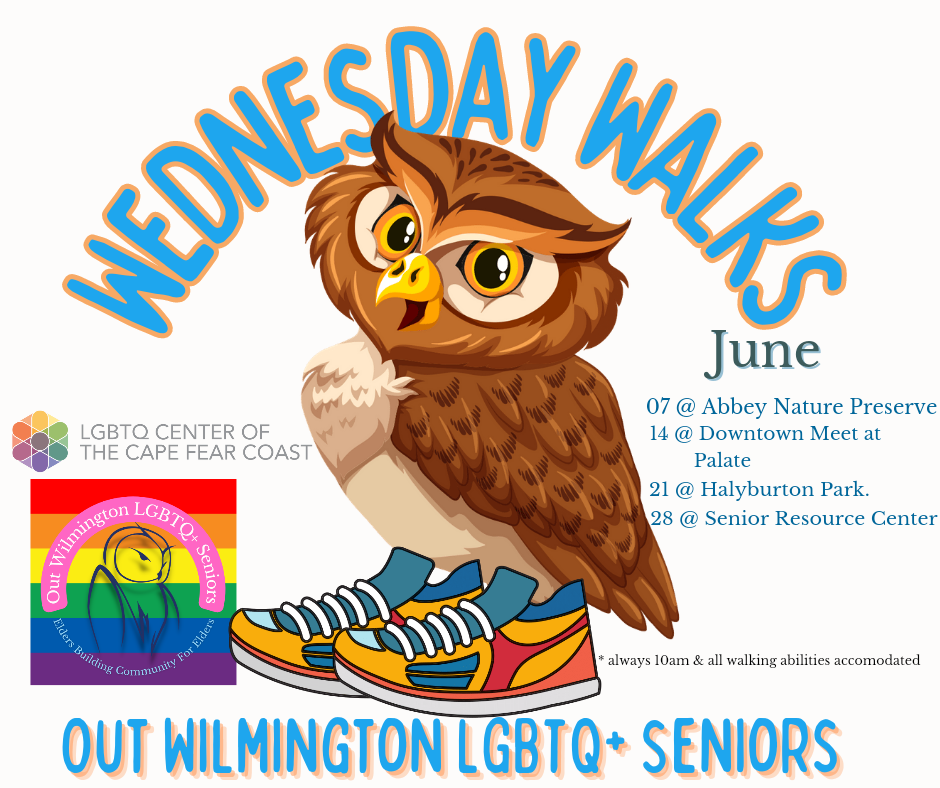 A graphic for the Out Wilmington LGBTQ+ Seniors' Wednesday Walks. It includes a drawing of an Owl wearing walking shoes.