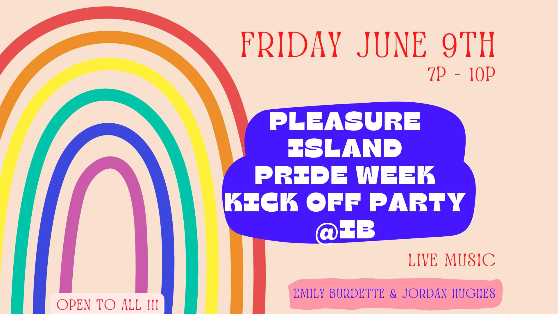 Flyer for the Pleasure Island Pride Week Kick Off Party.