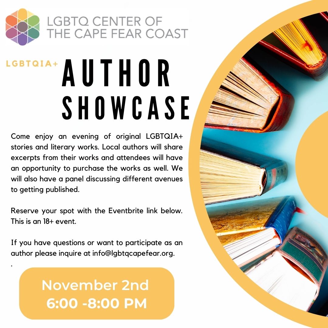 LGBTQIA+ Author Showcase info graphic. Event will take place on November 2nd, from 6 to 8 PM.