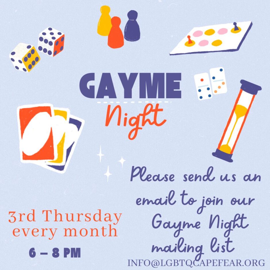 Gayme Night graphic. RSVP through email to join game night mailing list.