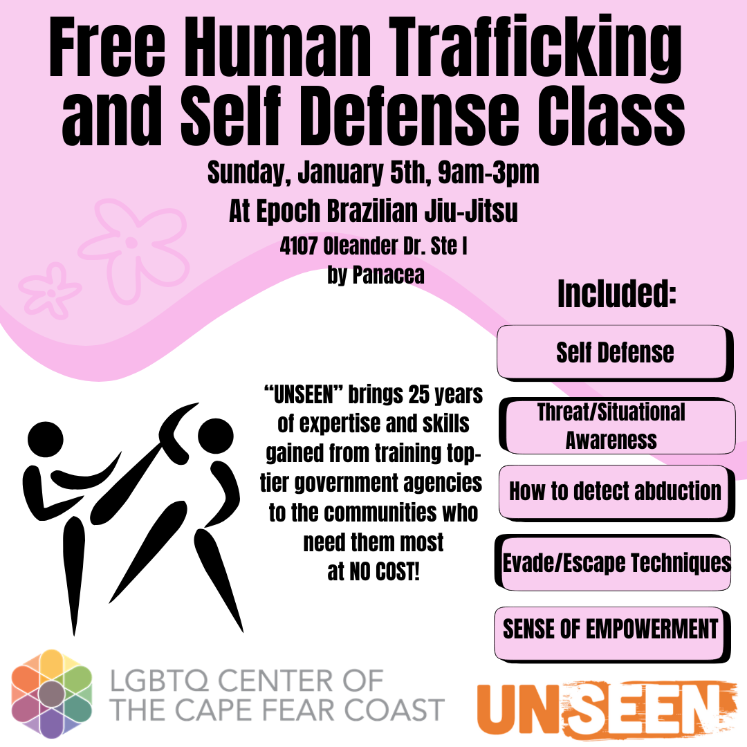 Free Human Trafficking and Self Defense Class flyer.