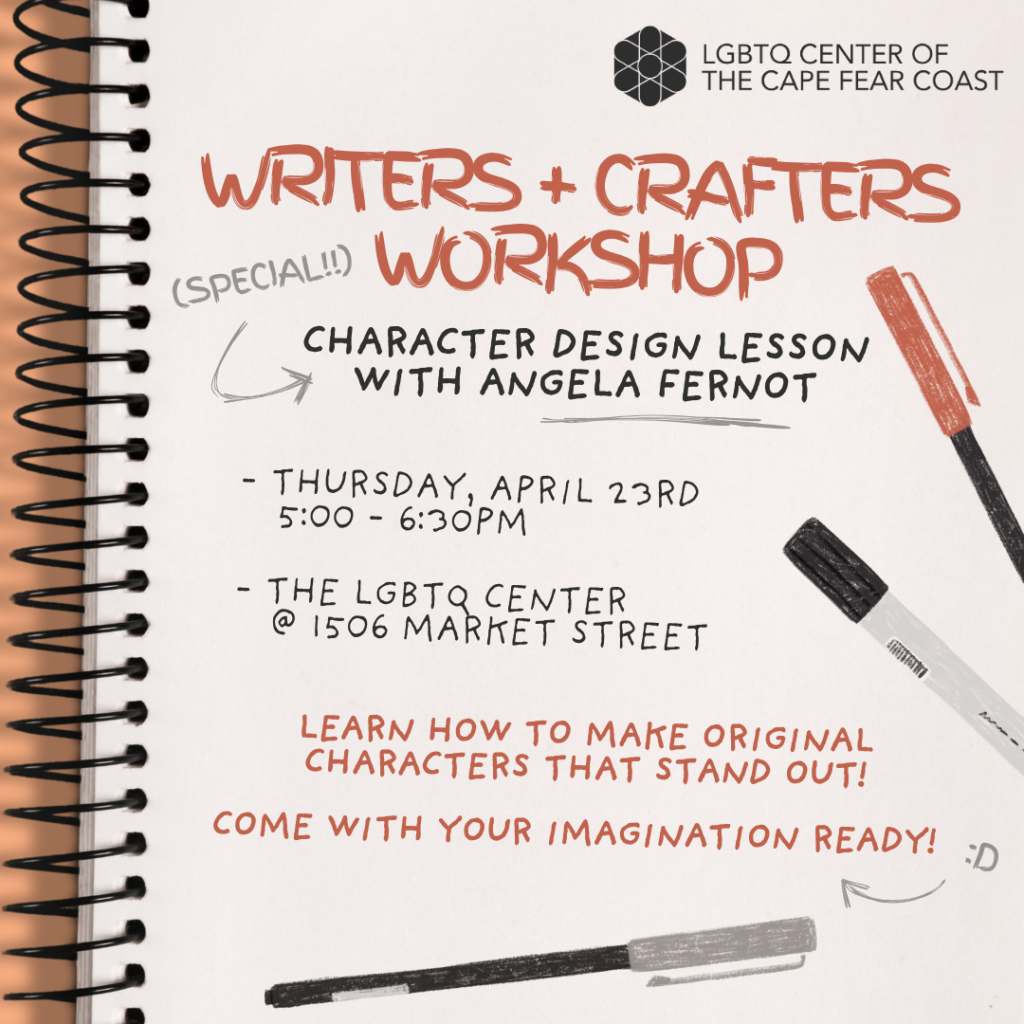 Special graphic for the Writers and Crafters workshop, advertising a character design lesson.