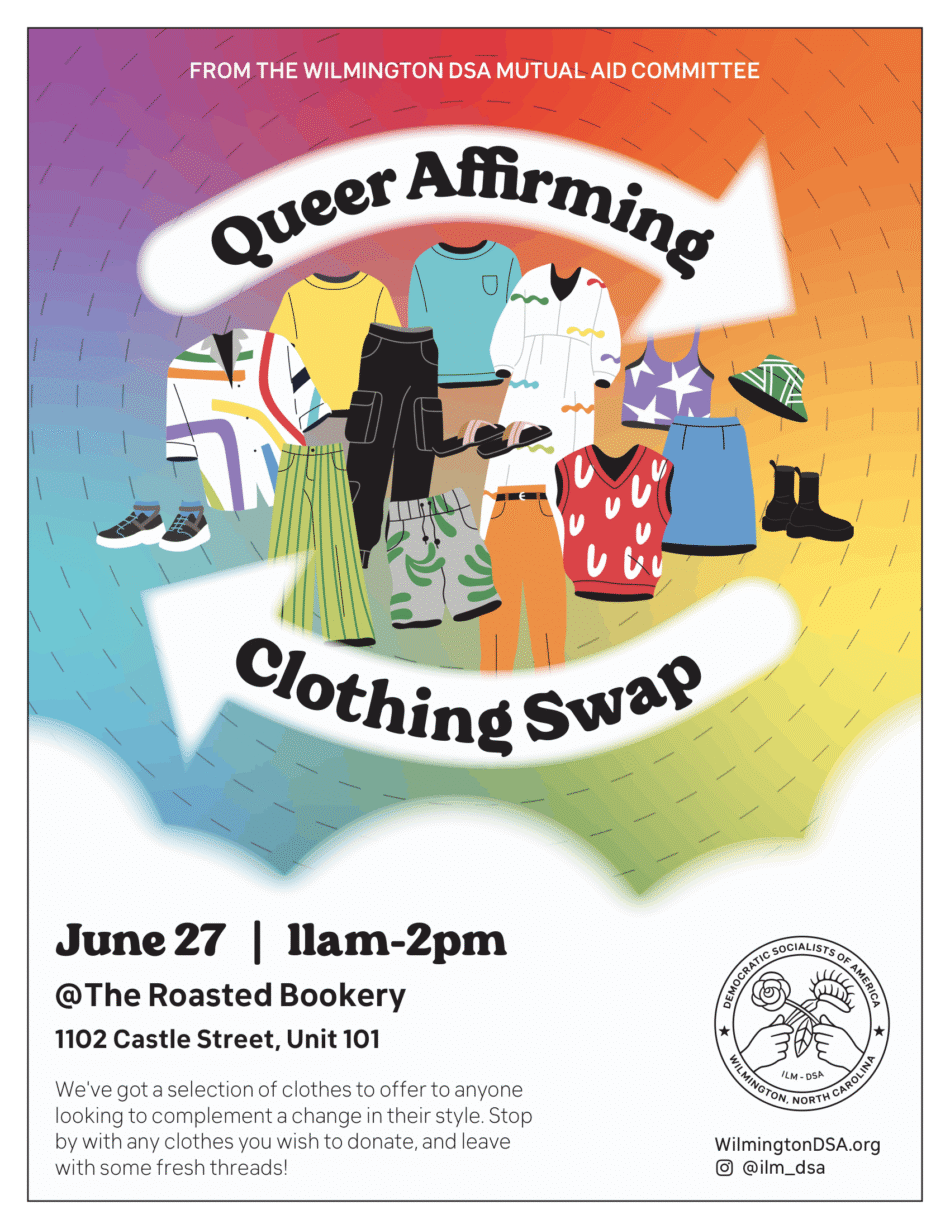 Flyer for the DSA's Queer Affirming Clothing Swap.