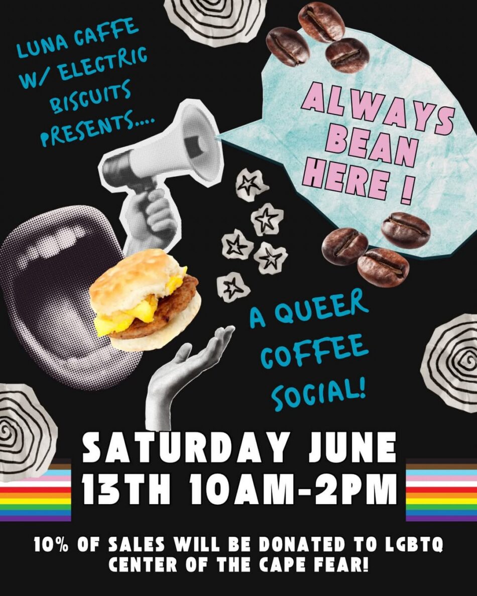Poster for Luna Caffe's queer coffee social on June 13th, 2026.