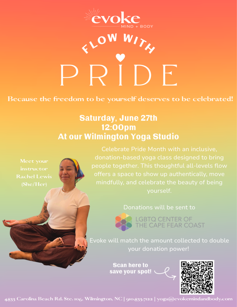 Poster for Evoke's "Flow With Pride" yoga class.