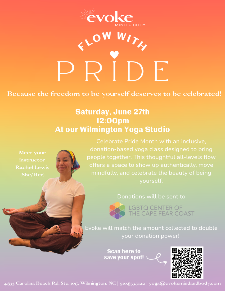 Poster for Evoke's "Flow With Pride" yoga class.