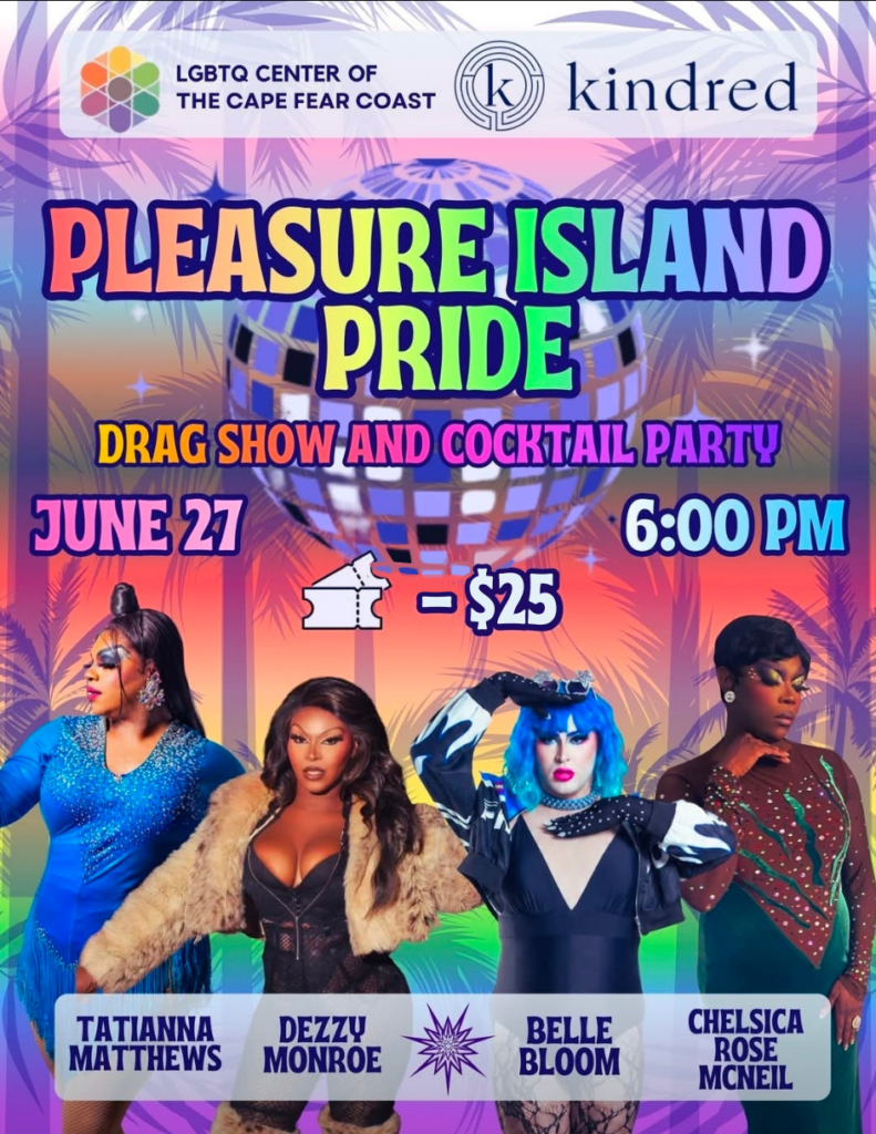 Advertisement for the Pleasure Island Pride drag show and cocktail party.