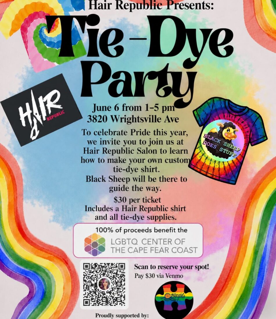 Poster for Hair Republic's Tie Dye Party. Contains a QR code at the bottom to pay for tickets.
