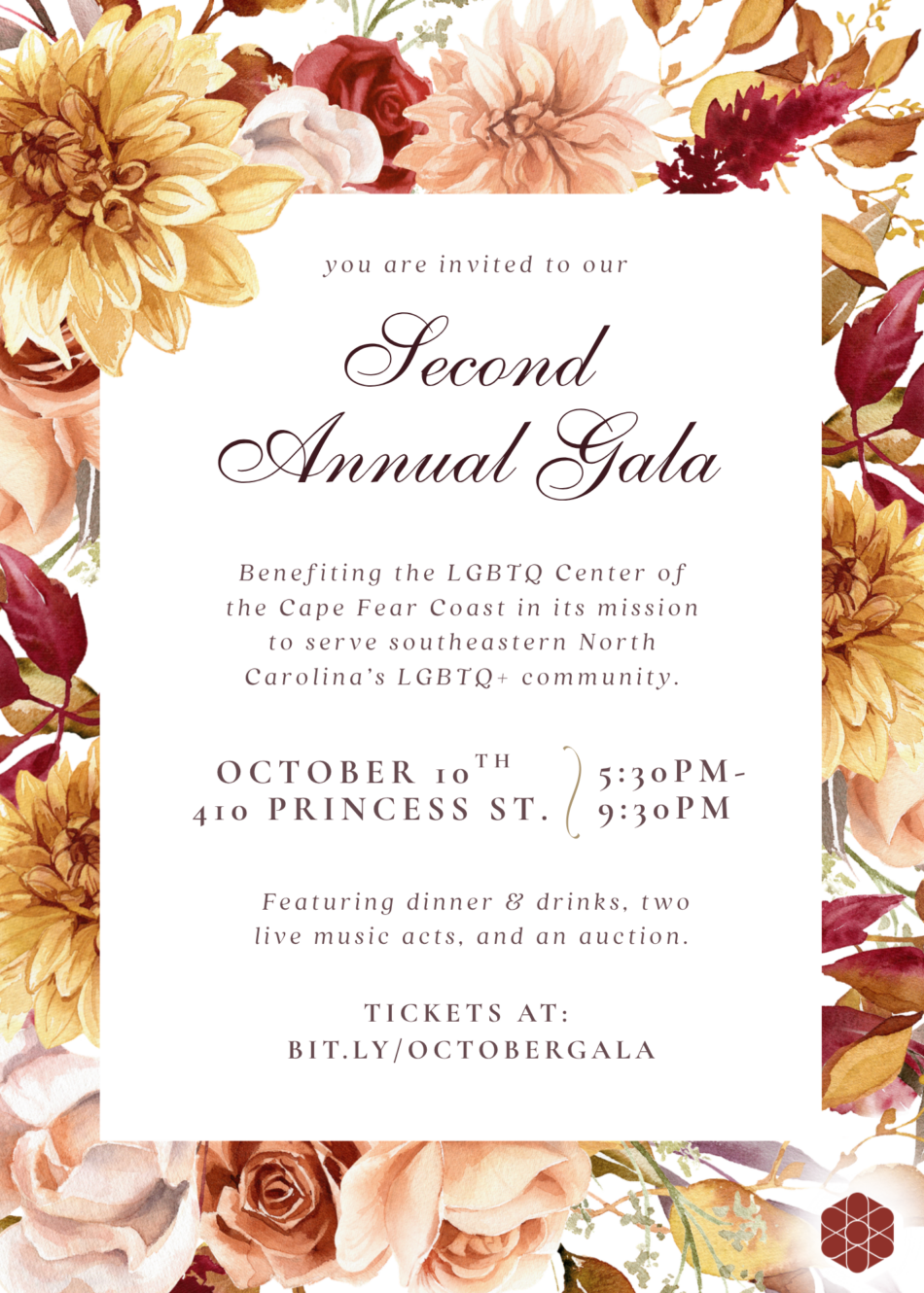 You are invited to our Second Annual Gala! Benefiting the LGBTQ Center of the Cape Fear Coast in its mission to serve southeastern North Carolina's LGBTQ+ community. The gala will take place on October 10th from 5:30 to 9:30pm at 410 Princess Street and will feature dinner, drinks, two live music acts, and an auction. You can buy tickets at bit.ly/octobergala.